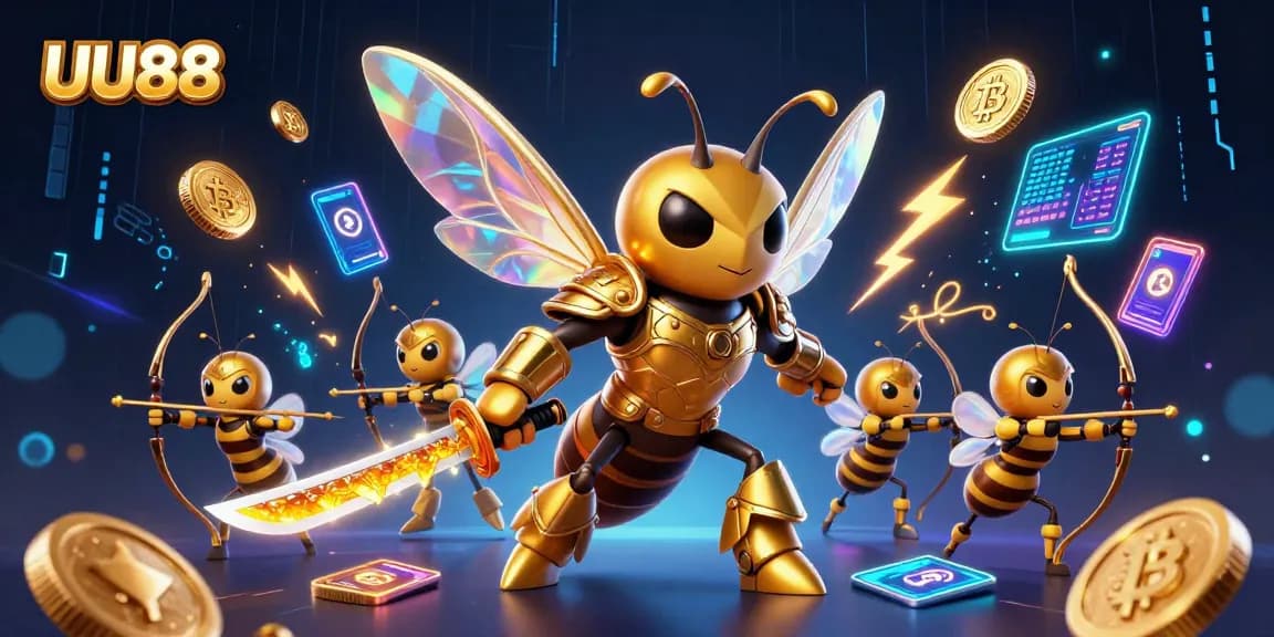UU88 promotes excitement with a 3D illustration of a golden samurai hornet leading bee archers in a casino setting.