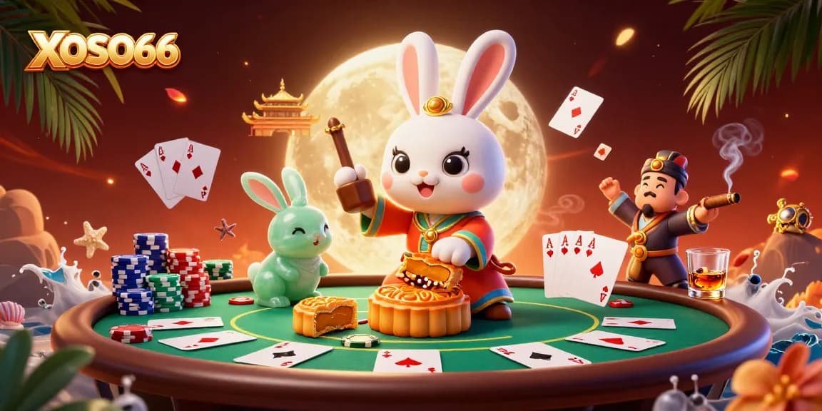 Engage with XOSO66 through a vibrant casino-themed illustration showcasing a moon rabbit with poker chips.