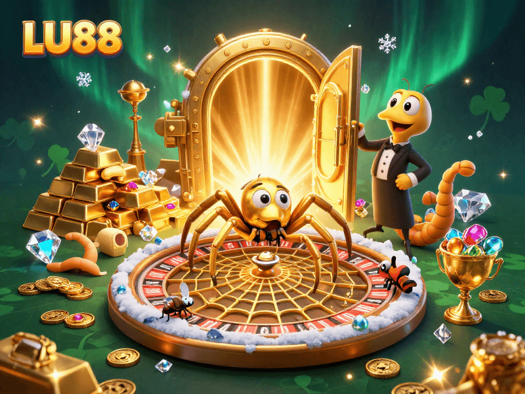 LU88 delivers thrilling casino experiences with vibrant illustrations of a roulette wheel, gold, and gemstones.