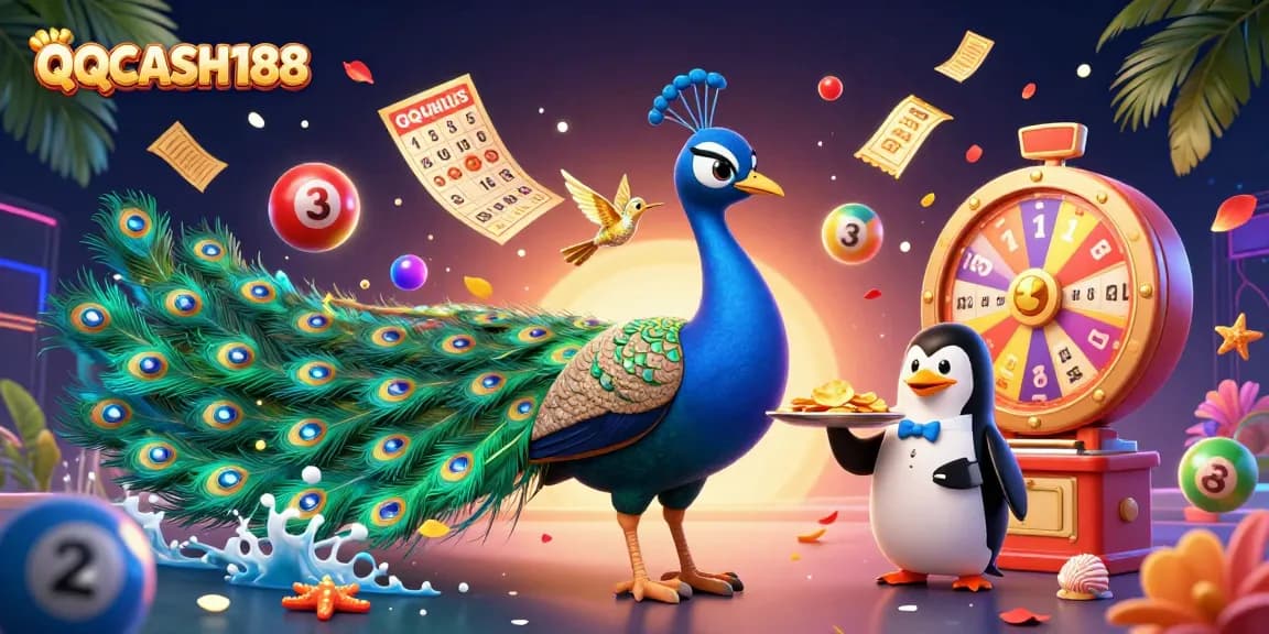 Experience QQCASH188's vibrant lottery scene with a peacock, penguin, and hummingbird surrounded by dynamic game elements.