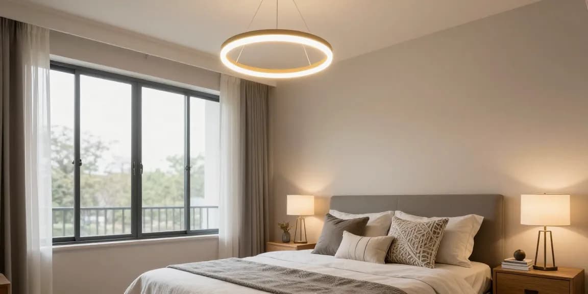 Lustra dormitor elegantă cu iluminare caldă, decor modern și atmosferă relaxantă.