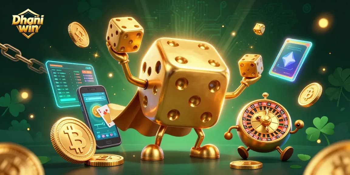 Dive into the action of Dhani win with captivating golden dice juggling and crypto elements in a vibrant gaming scene.