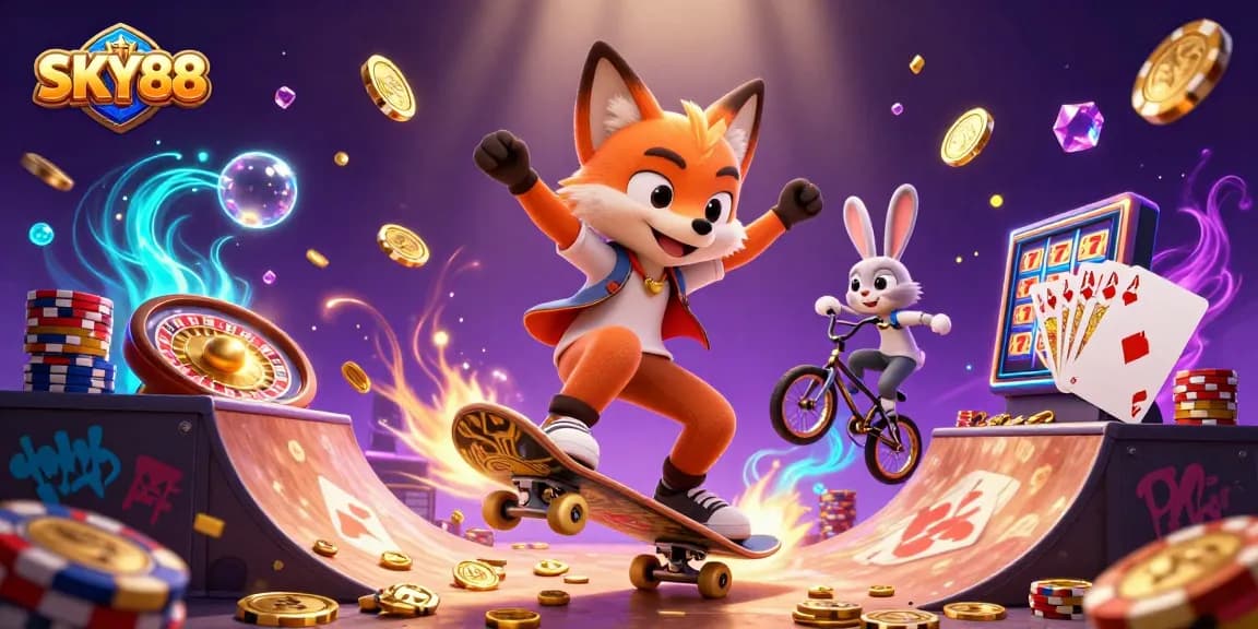 Experience the excitement of SKY88 with vibrant 3D characters in a casino-themed digital illustration.