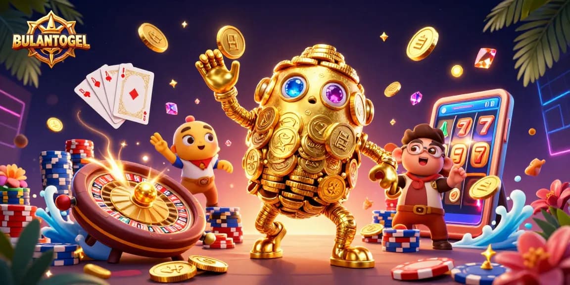 Join the action with BULANTOGEL's vibrant 3D illustration of a golden golem and casino elements!