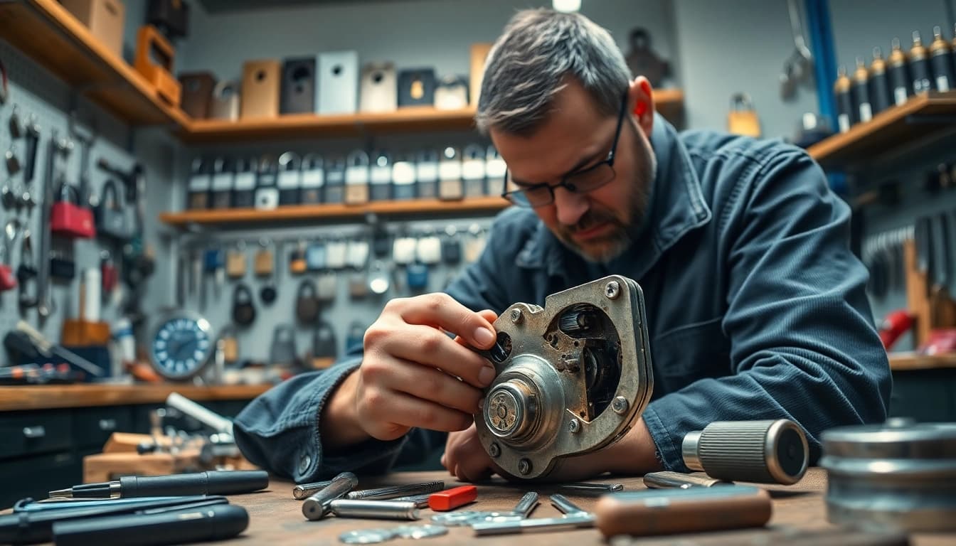 Locksmiths Durham expertly repairing locks in a well-equipped workshop.