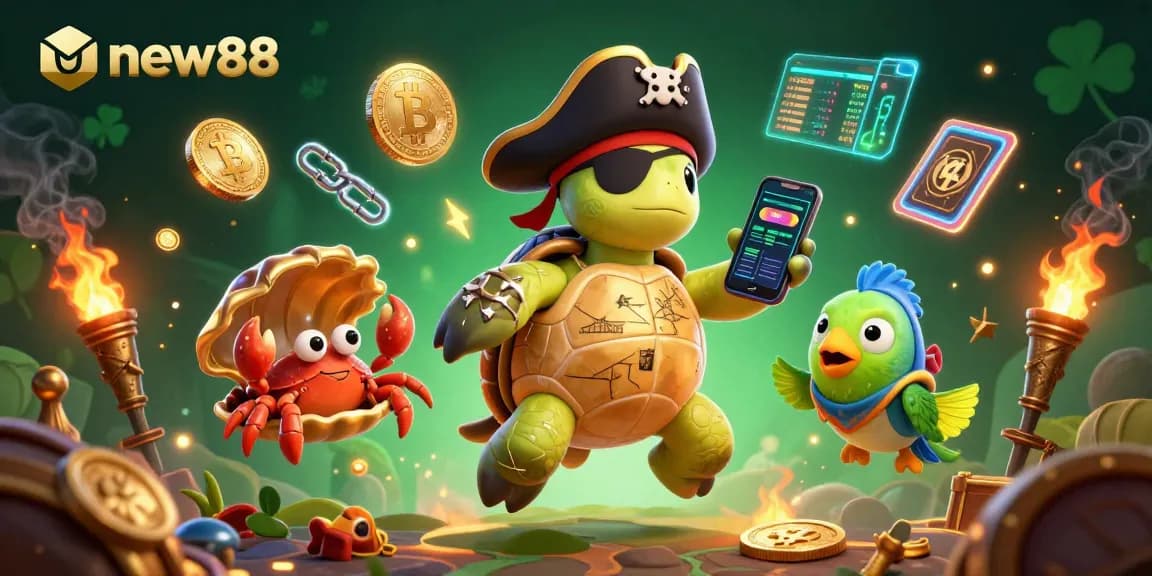 Engage with thrilling gameplay at new88 with a dynamic casino illustration featuring vibrant characters and crypto elements.