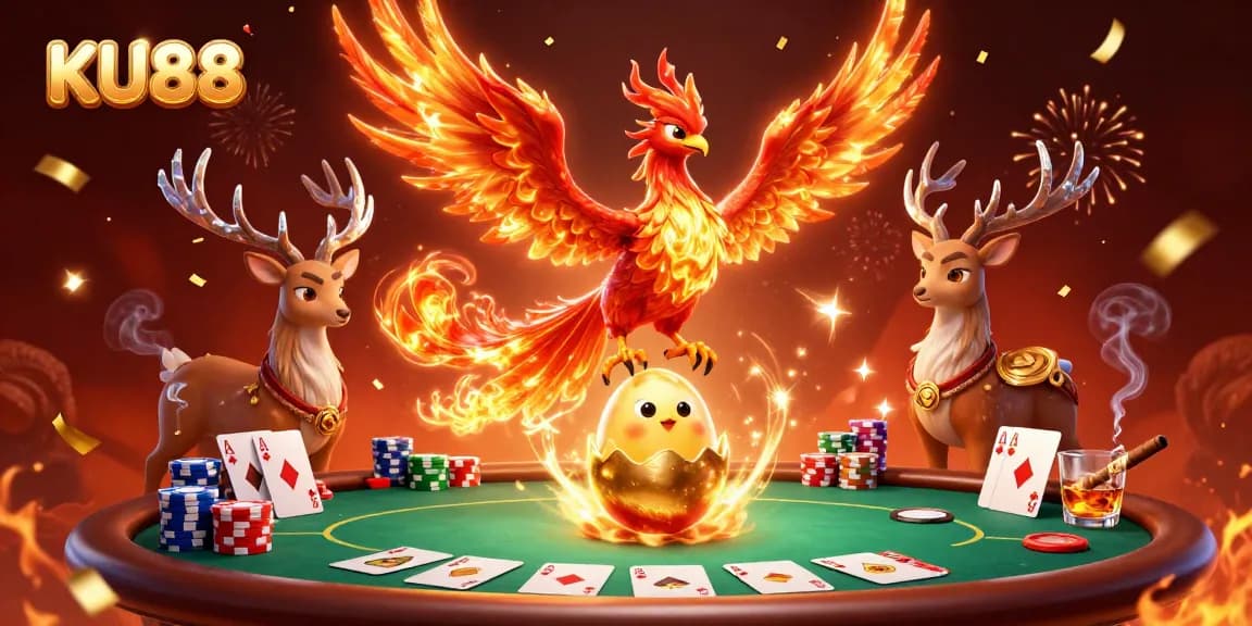 Experience the thrill of KU88 with a vibrant 3D casino scene featuring a phoenix, poker elements, and more.