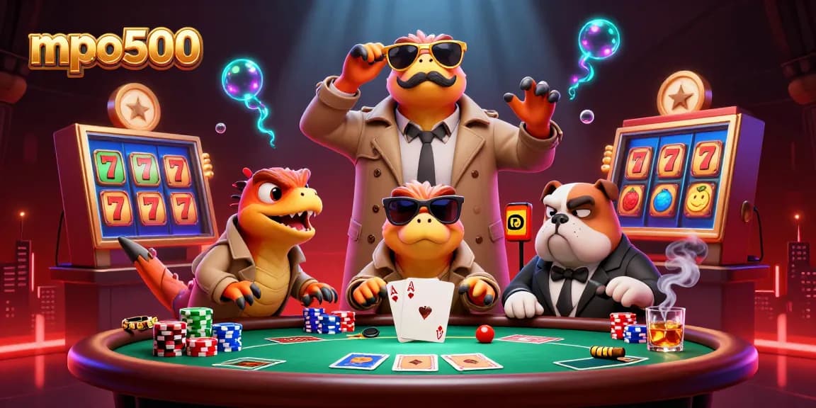 Win big at mpo500 with raptors in a trench coat entering a VIP casino lounge.