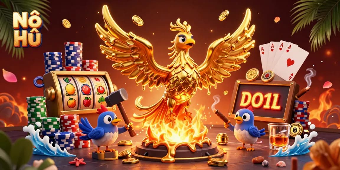 Nổ hũ slot game scene with a molten golden phoenix and vibrant casino elements