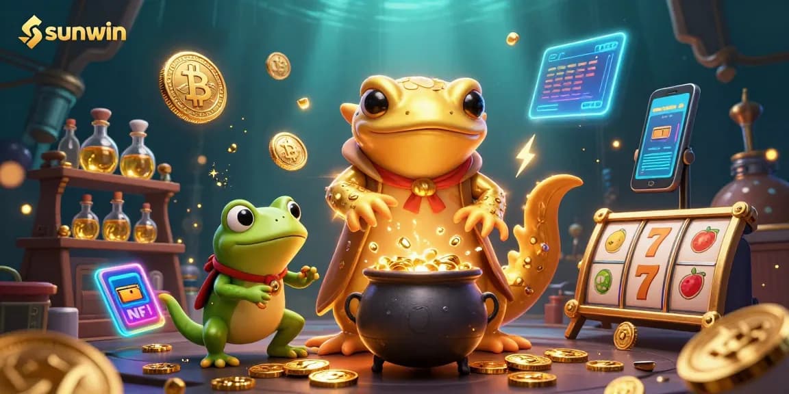 Spin and win at sunwin with a vibrant 3D illustration of a golden alchemist and crypto elements.