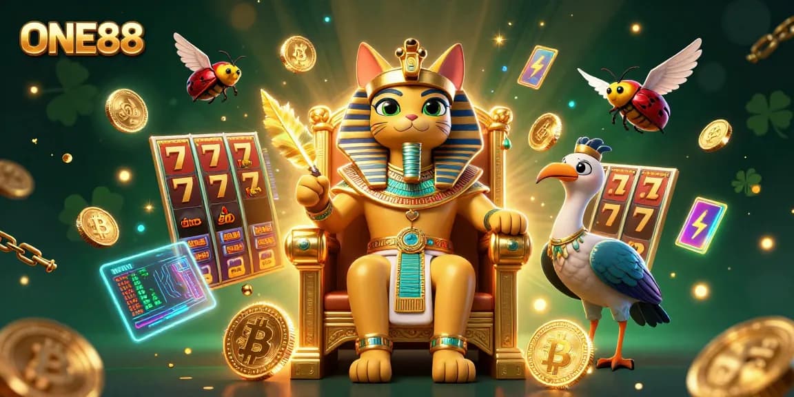 Win big at ONE88 with vibrant 3D characters and slots surrounded by crypto elements.