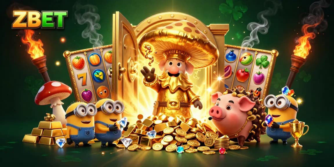ZBET casino illustration showcasing magical gold transformations with vibrant slot themes.