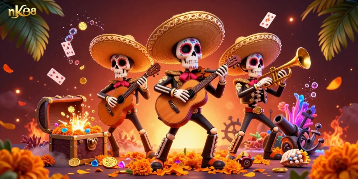 Win big at nk88 with vibrant casino fun featuring mariachi skeletons and treasure around them.