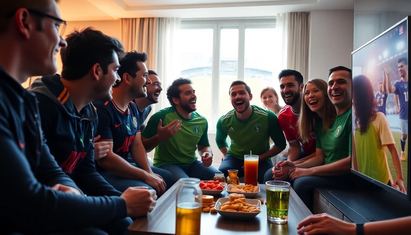 Nikmati nonton bola seru bersama teman-teman di ruang tamu yang penuh semangat.