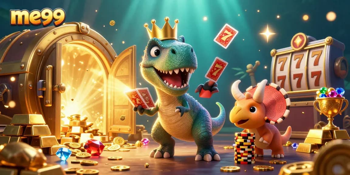 Experience me99's exciting promotions with a playful T-Rex and friends in a vibrant casino illustration.