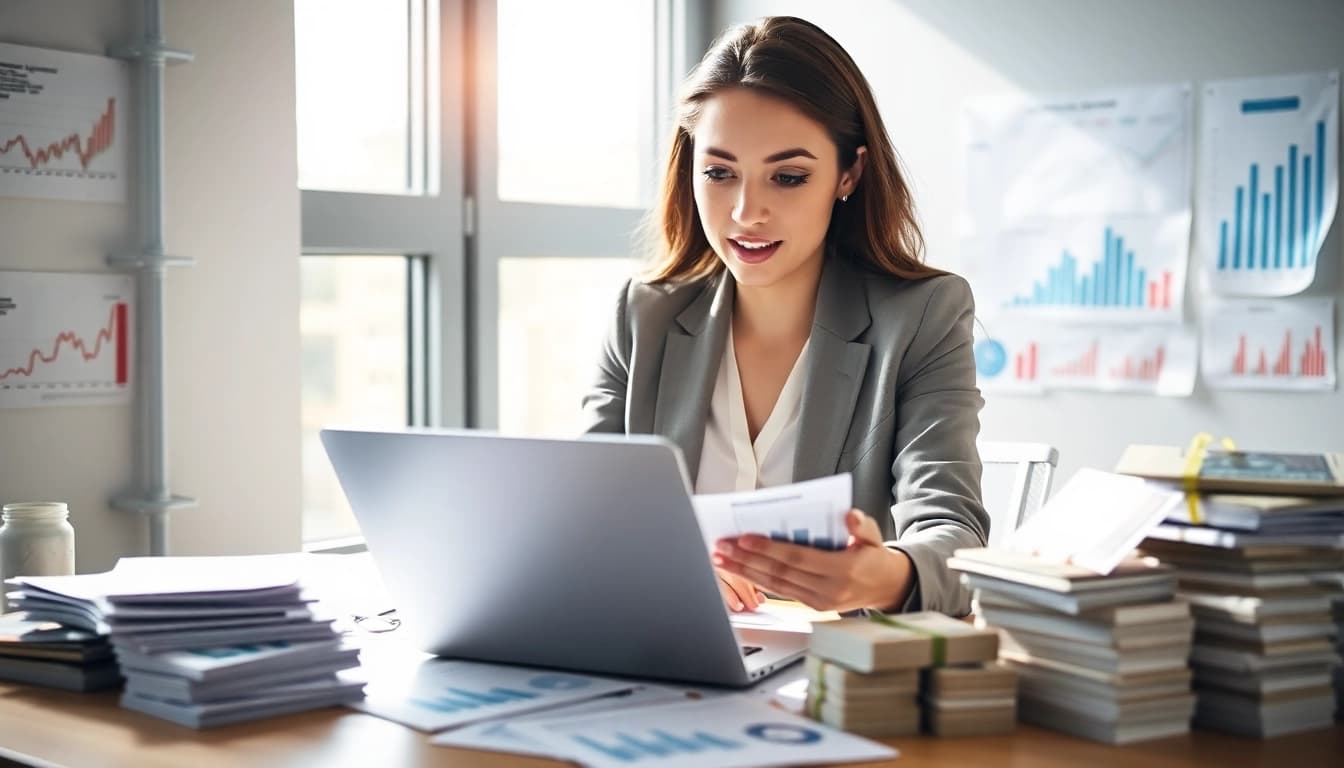 Businesswoman reviewing Square merchant cash advance financial data in a modern workspace.