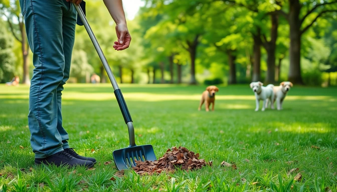 Efficient pooper scooper company team member removing waste in a vibrant park setting.