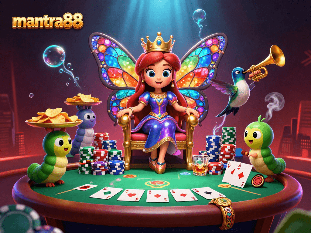 Engage with mantra88's vibrant gaming scene featuring a butterfly queen and poker elements.