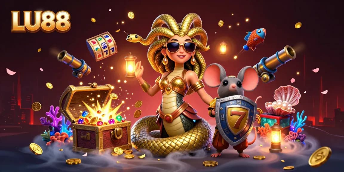 Experience the dynamic gambling world of LU88 with friendly Medusa and a warrior mouse.