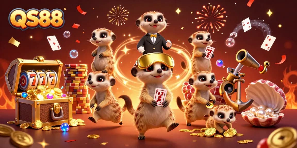 Engage in thrilling casino action at QS88 with meerkats managing slots and a vibrant atmosphere.