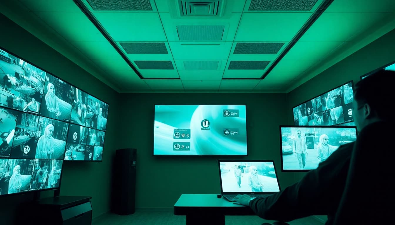 Visualize AI video analytics in action within a modern surveillance room showcasing real-time insights.