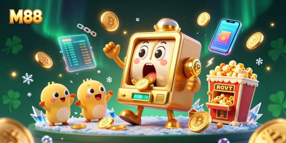 M88 slot machines celebrate a jackpot win with golden coins cascading, showcasing exciting online gaming.