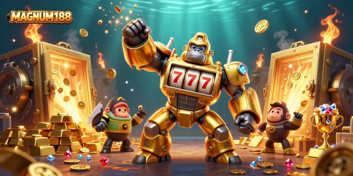 Experience MAGNUM188 with a golden gorilla mech and thrilling casino elements exploding in action.