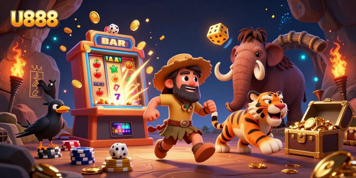 Experience thrilling gameplay at U888 with a lively prehistoric casino scene featuring vibrant slot machines and energetic characters.