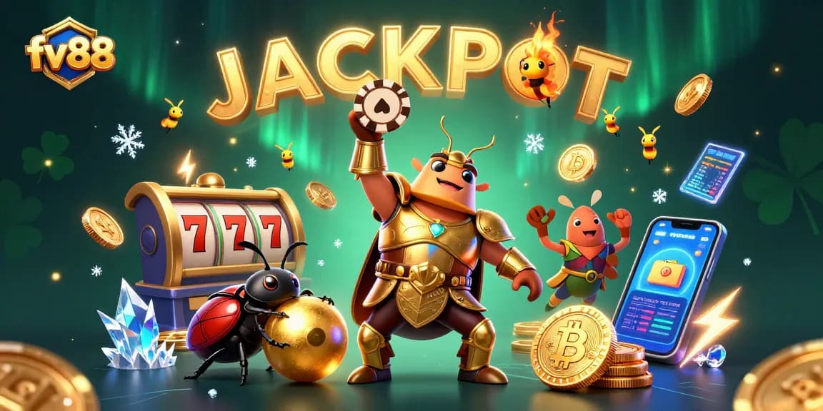 Experience thrilling wins with fv88's online slots as a hero beetle celebrates in vibrant 3D.