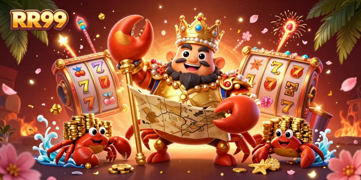 Join the exciting RR99 casino adventure with a golden crab emperor amidst spinning slot reels and festive decorations.
