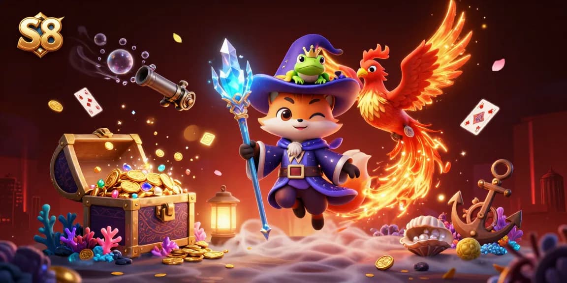 S8 captivates players in a vibrant fantasy casino scene filled with gold coins and mythical creatures.