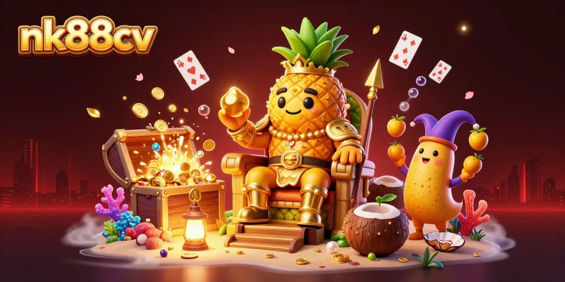 Experience the excitement of nk88cv with a vibrant 3D casino illustration showcasing a golden pineapple king and his entourage.
