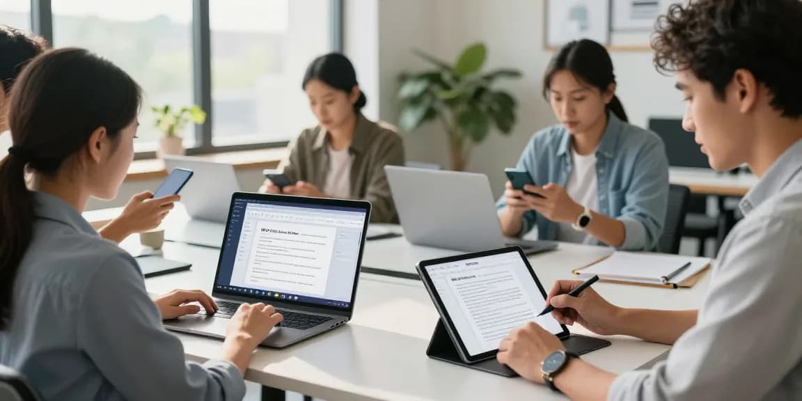 WPS Office 下载的团队协作场景，展示现代办公室中多设备同步编辑文档的专业工作氛围。