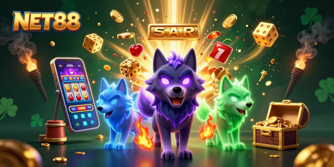 Join NET88 in an exciting casino scene with a shadow wolf and jackpot symbols bursting with energy.