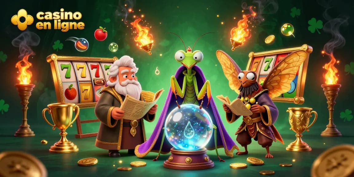 Découvrez le casino en ligne avec l'illustration vibrante de jeux de casino, de jackpots et de personnages mystiques.