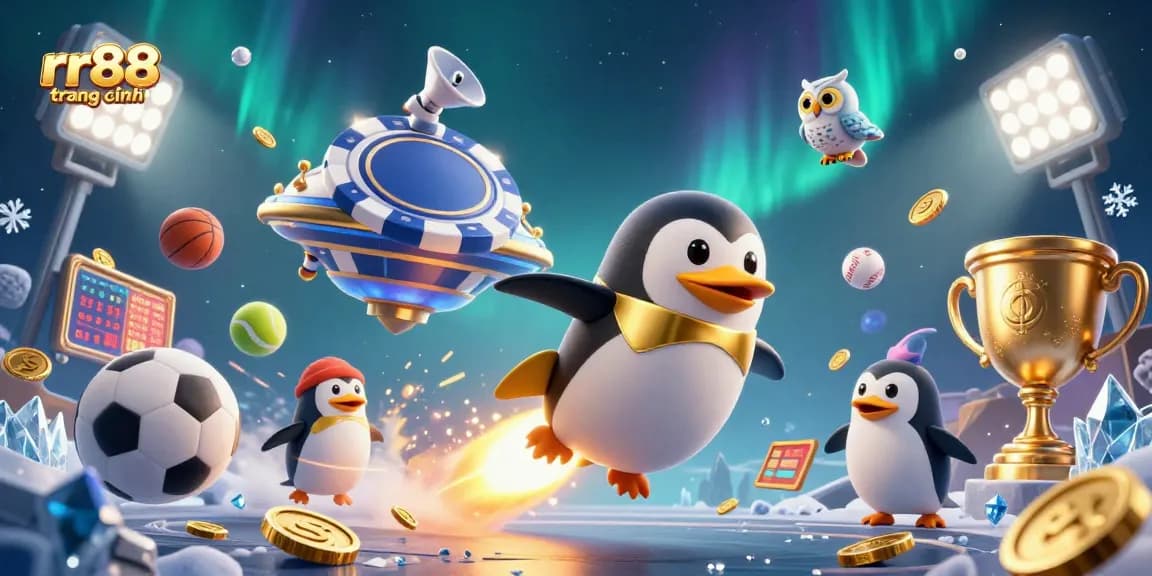 Experience thrilling excitement at rr88 trang chính with a dynamic 3D casino illustration featuring a golden penguin and sports elements.