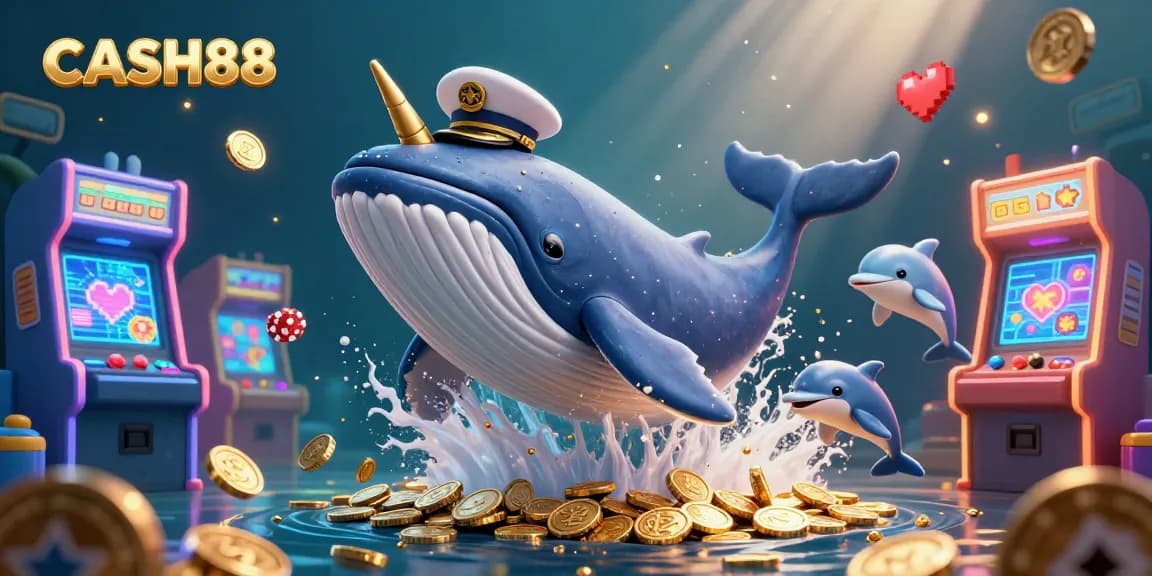 CASH88 players engage with playful dolphins and a gigantic whale in a vibrant casino-themed game scene.