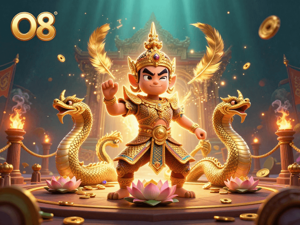 Engage in thrilling action at O8 with vibrant casino elements and friendly guardian.