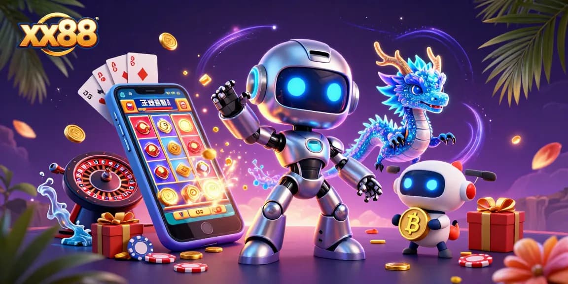 Experience thrilling gameplay at xx88 with vibrant gaming scenes showcasing a cyberpunk robot and a dragon.