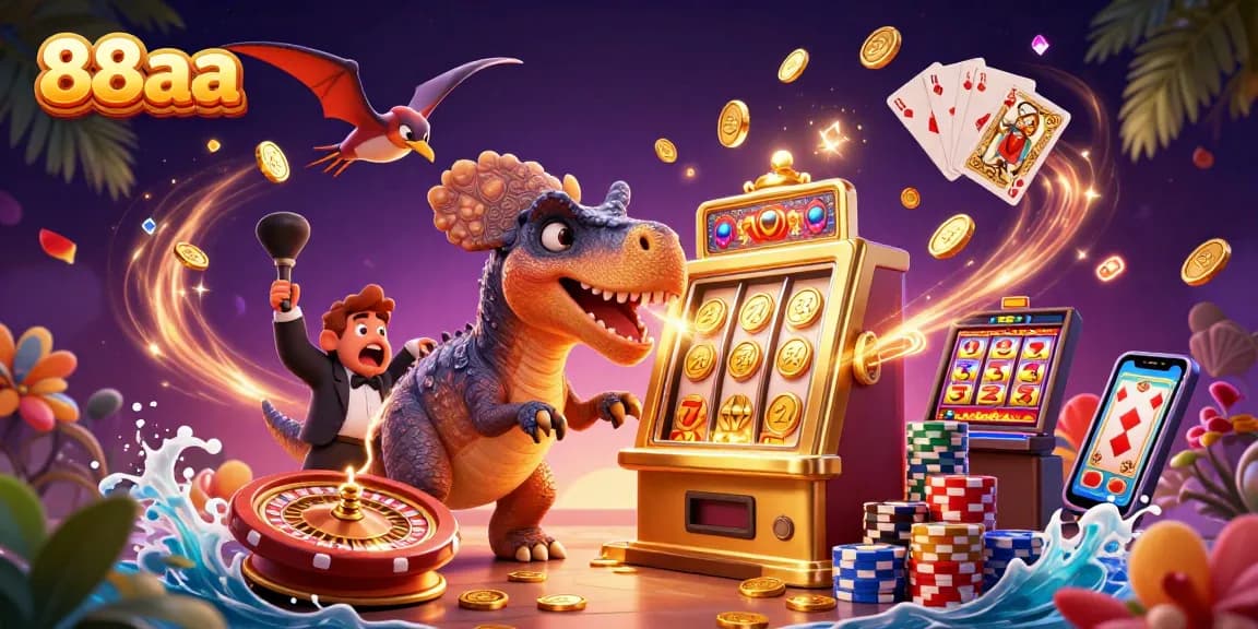 Engage with 88aa’s exciting slot games as a pachycephalosaurus triggers a jackpot, surrounded by vibrant casino elements.