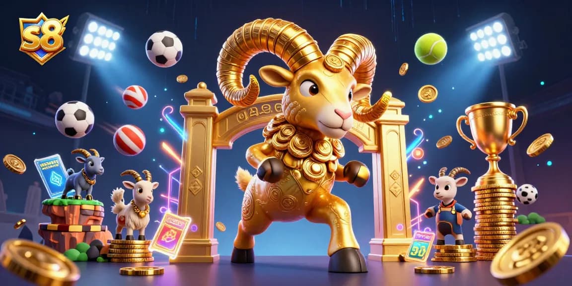 S8 sports betting excitement featuring dynamic sports balls, a golden ram display, and colorful betting slips.
