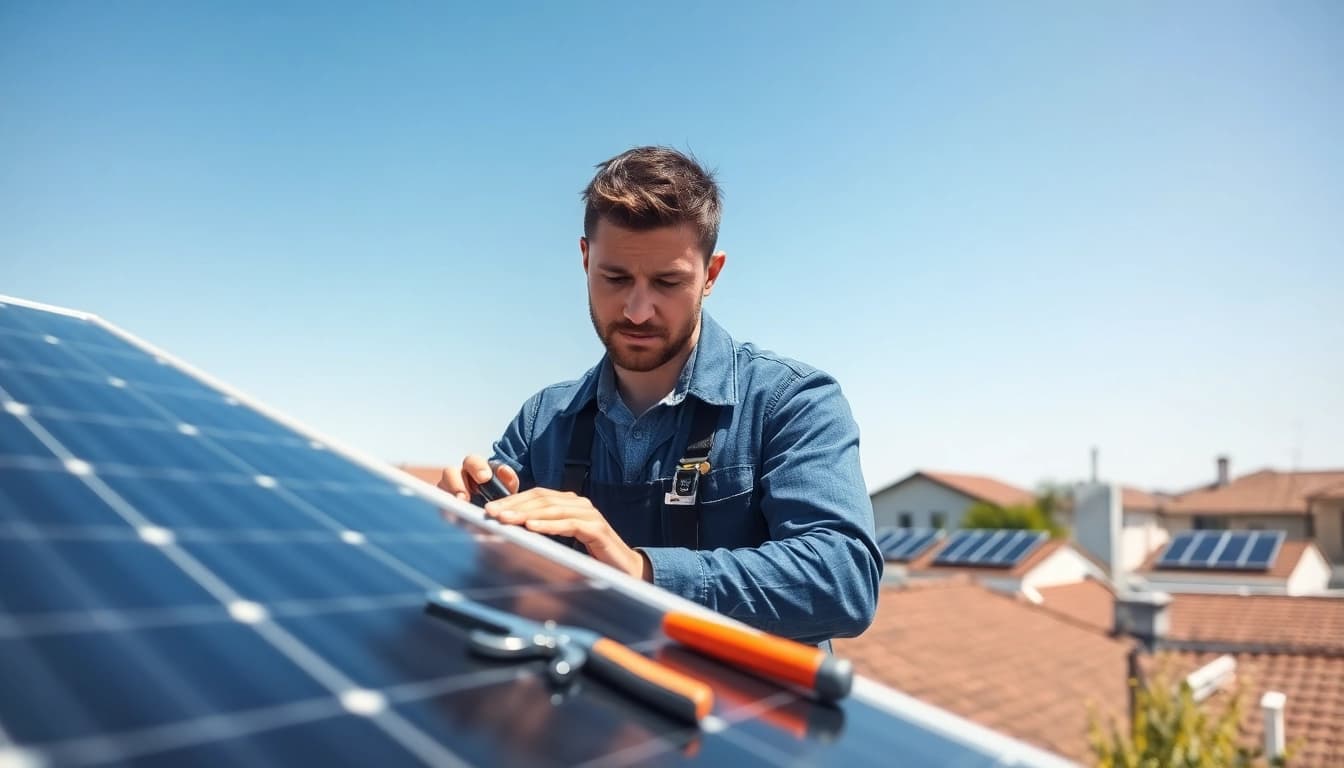 Technician performing solar system repair on solar panels under blue skies.