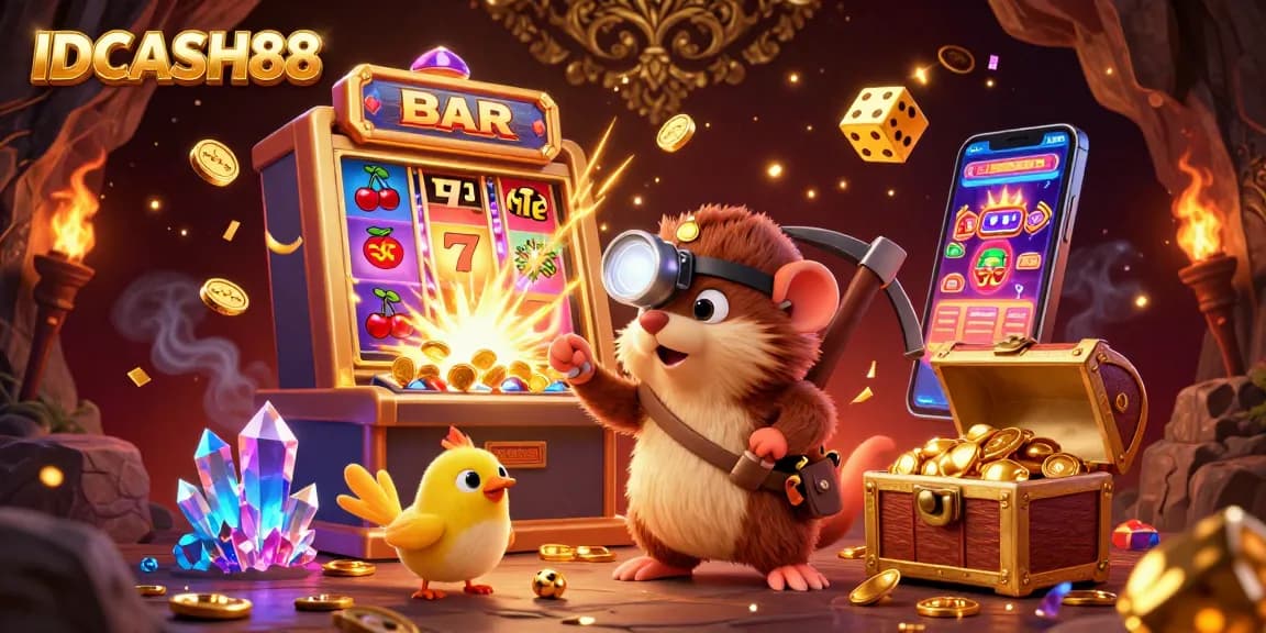 IDCASH88 showcasing a lively slot success with a treasure hunter mole and casino games.