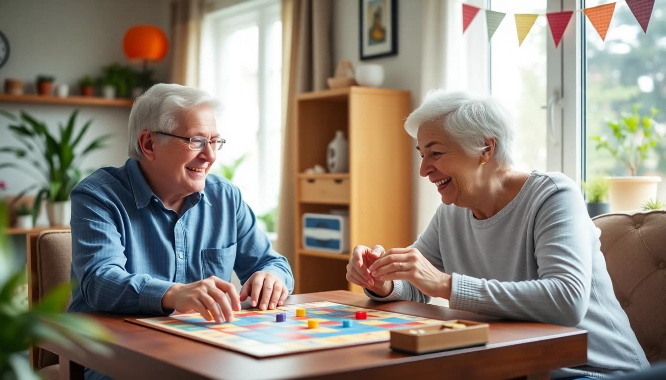 Actieve senioren betrokken bij spelletjes op https://www.handigvoorsenioren.nl/ met een blije sfeer.