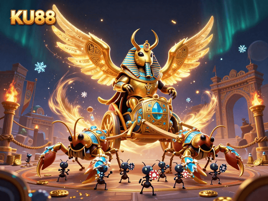 Engage with KU88's thrilling gaming atmosphere featuring vibrant cartoon elements and gold.