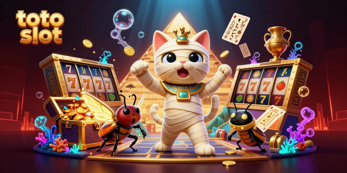 Experience the excitement of toto slot with a vibrant casino scene featuring a mummy cat and treasures.