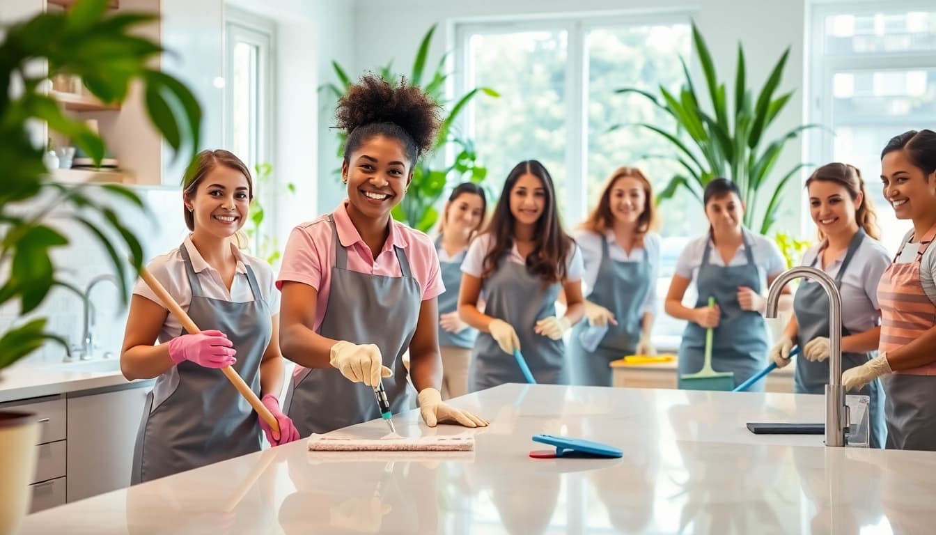 Experience Cleaning Services Nottingham through a professional team ensuring spotless cleanliness in a modern kitchen.