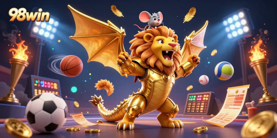 Engage with 98win in a triumphant 3D casino scene featuring dynamic sports betting elements.