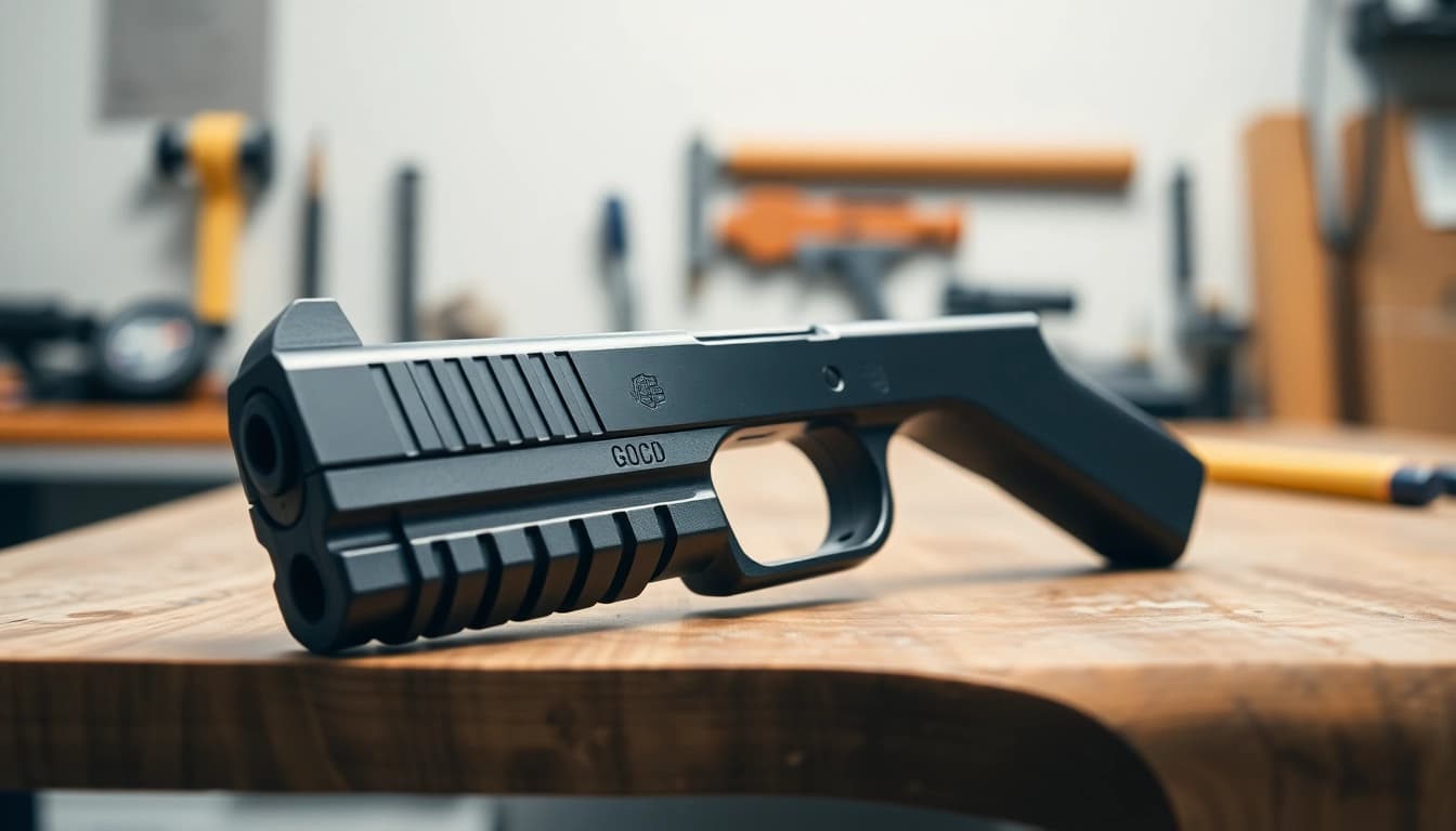Showcase of a glock 43x slide highlighting its metallic finish and craftsmanship.
