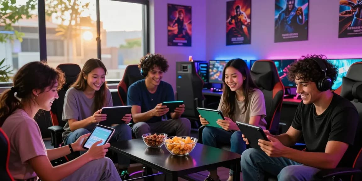 Friends enjoying CIKA4D gaming experience in dynamic lounge with vibrant lighting and technology.